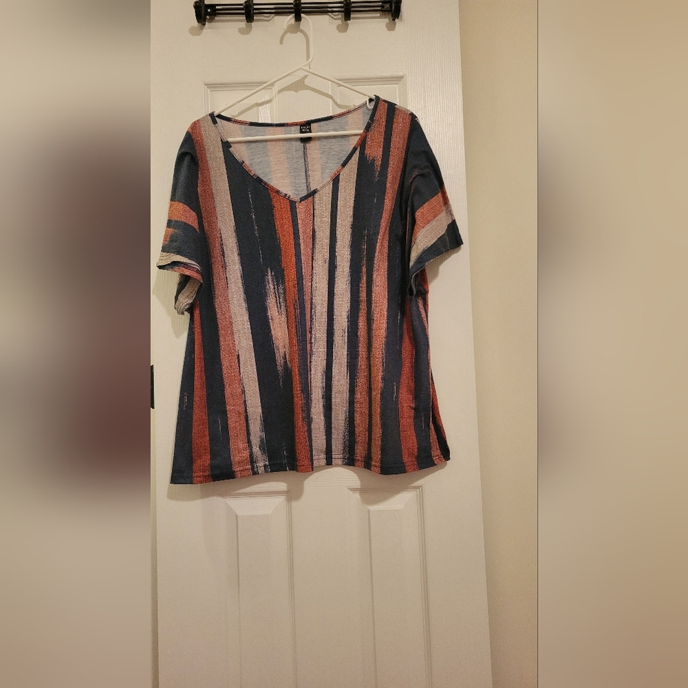 Navy and Orange Striped V-Neck Women's Tee